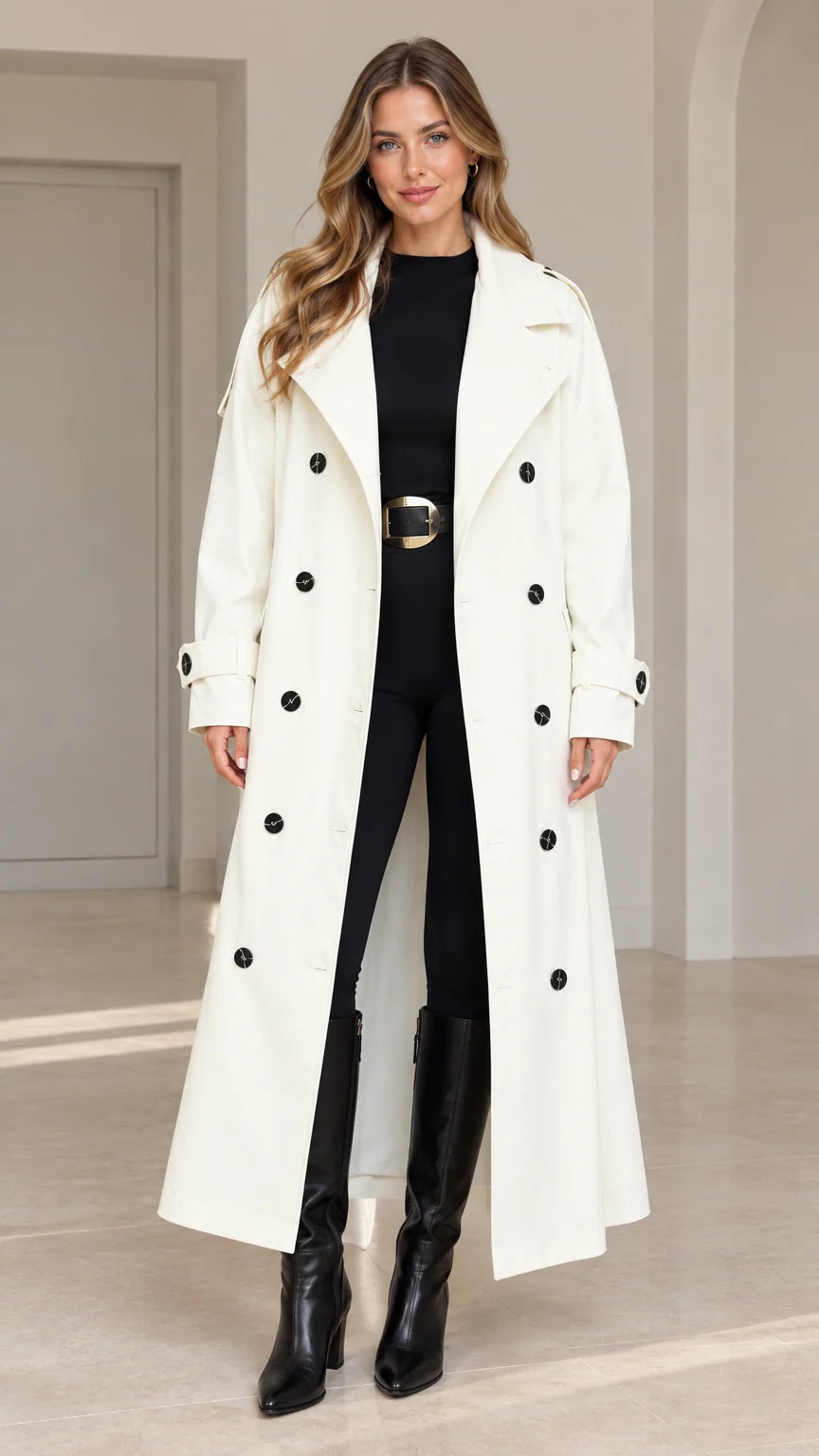 Front full-length view of woman wearing white maxi double-breasted trench coat with black boots
