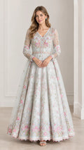 Full front view of model wearing Ice Blue floral embroidered A-line evening gown