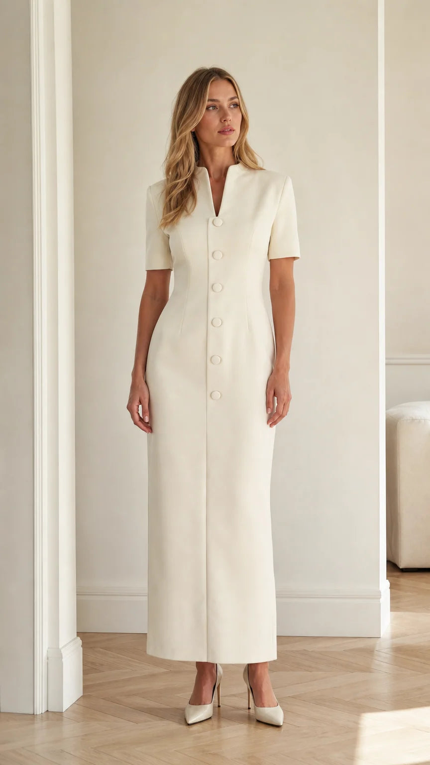 Front full view of woman wearing ivory short sleeve stand collar column maxi dress with covered buttons
