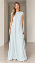 Front view of woman wearing Light Blue sleeveless crewneck A-line maxi dress