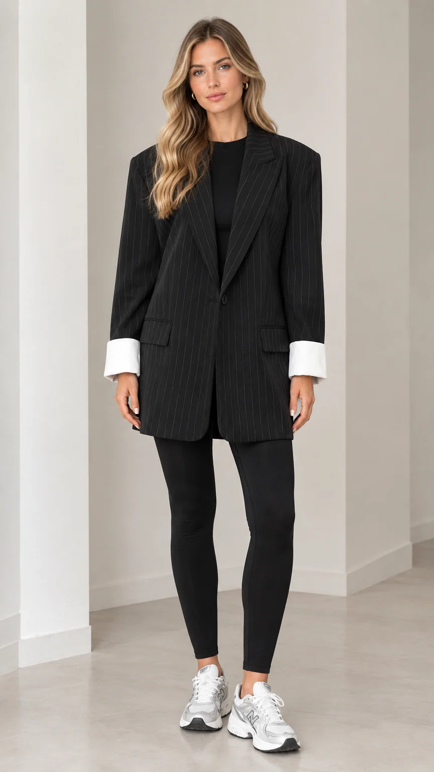 Front full-length view of model wearing black oversized pinstripe blazer with white contrast cuffs