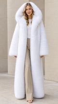 Women's white floor-length hooded faux fur coat front view