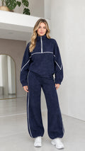 Navy blue women's two-piece fleece tracksuit set front view