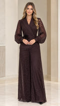 Full front view of elegant Chocolate Brown lace wide-leg evening jumpsuit with beaded wrap bodice