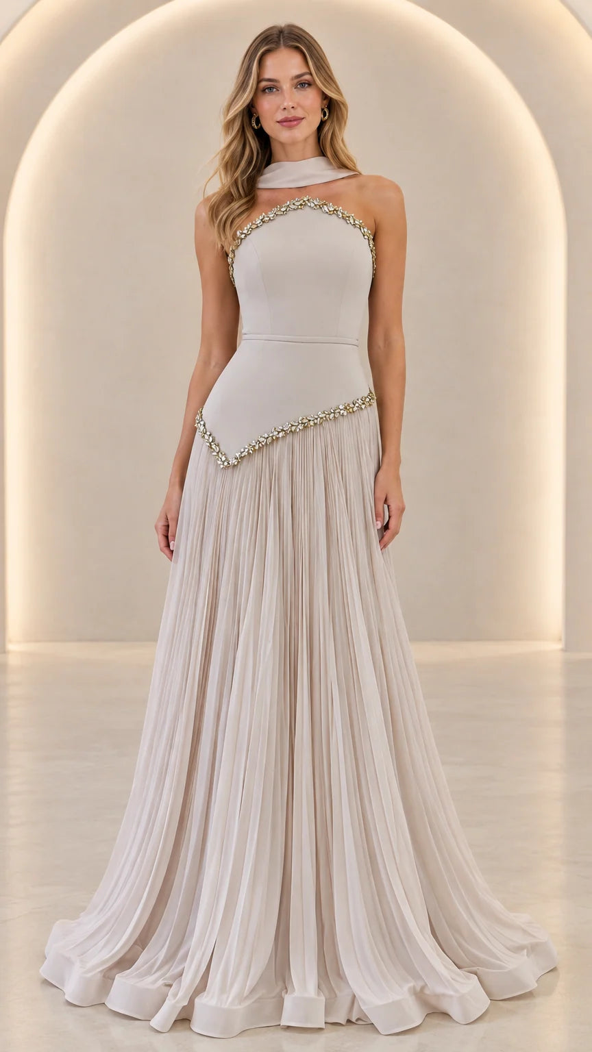 Front view of the Silver Grey Embellished Halter Pleated Maxi Evening Gown