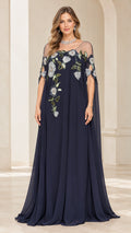 Navy blue floral embroidered cape sleeve evening gown front view