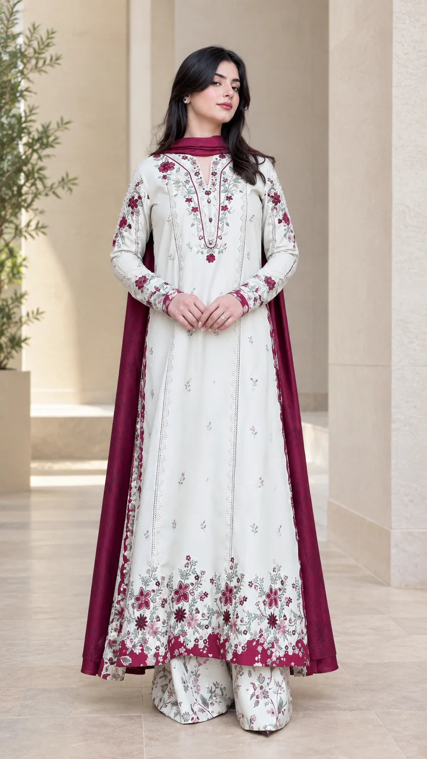Front full view of women's off-white floral embroidered 3-piece kurta palazzo suit set with maroon dupatta