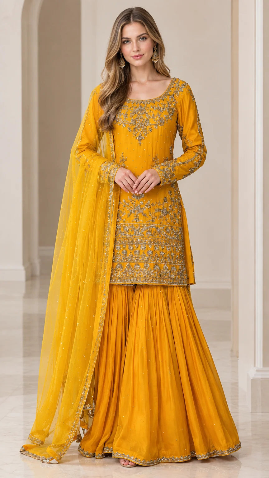 Mustard Yellow embroidered kurti with matching flared sharara pants and dupatta full front view