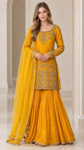 Mustard Yellow embroidered kurti with matching flared sharara pants and dupatta full front view