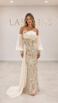 Champagne off-the-shoulder 3D floral appliqué evening gown front view with pleated train