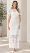 Front view of woman wearing white short sleeve floral lace maxi dress