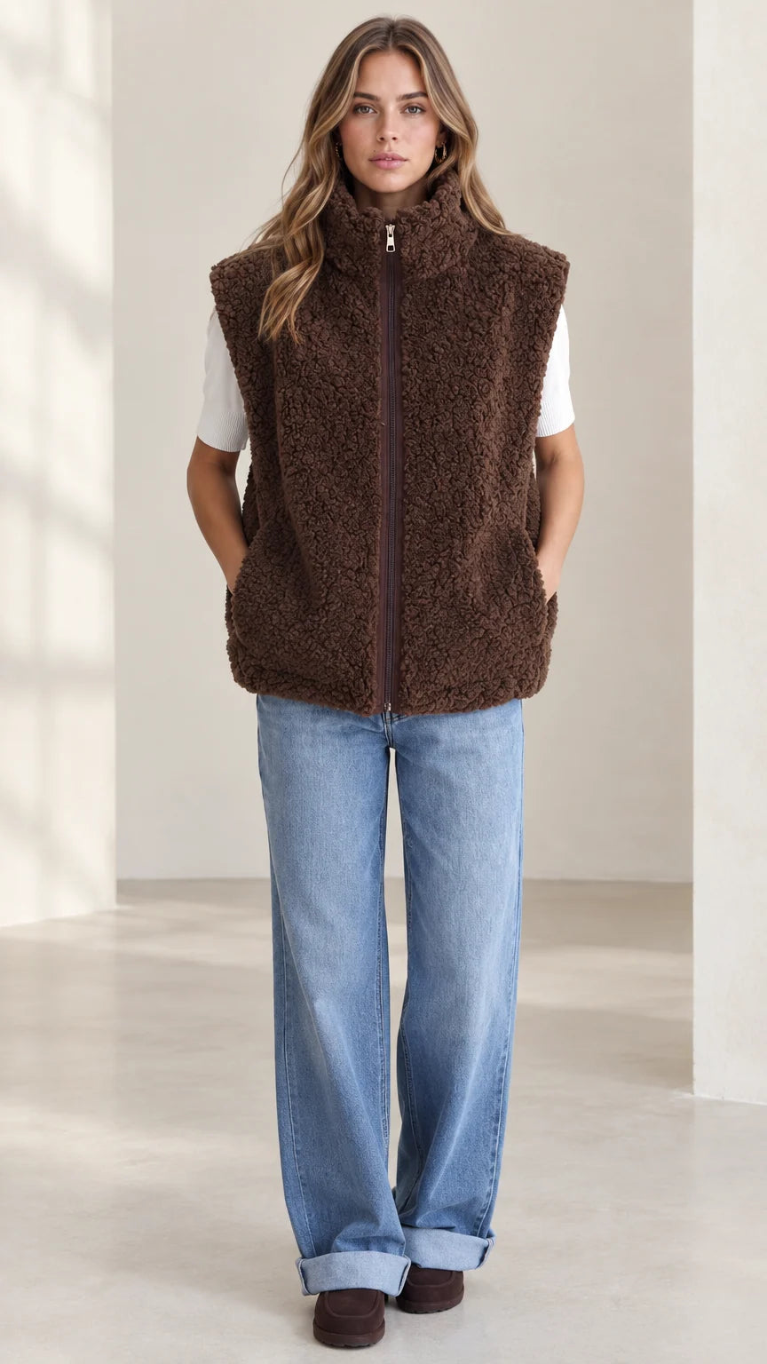 Front view of woman wearing brown sherpa fleece zip-up vest with jeans