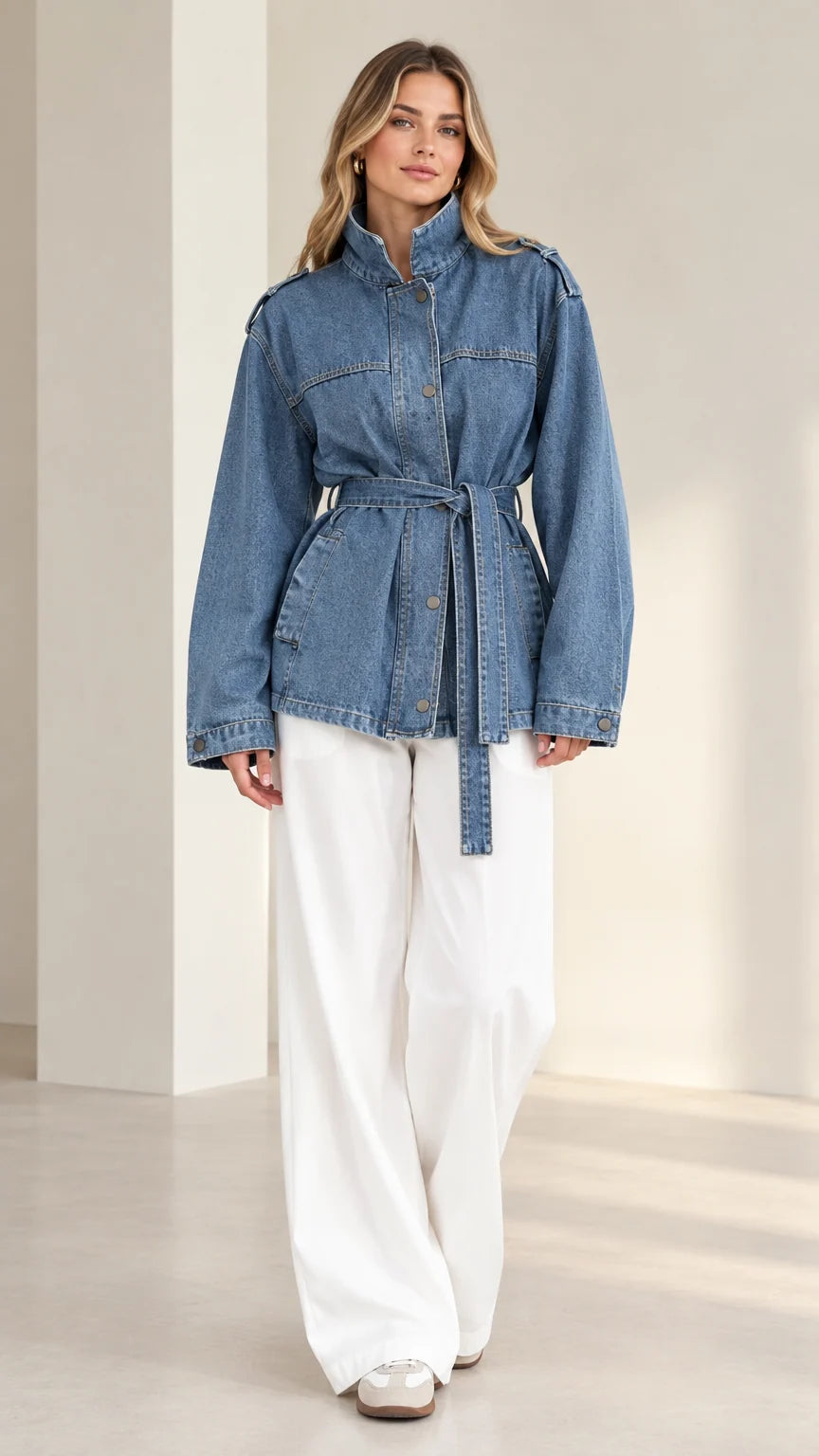 Front full-length view of model wearing denim blue belted utility jacket with white wide-leg pants