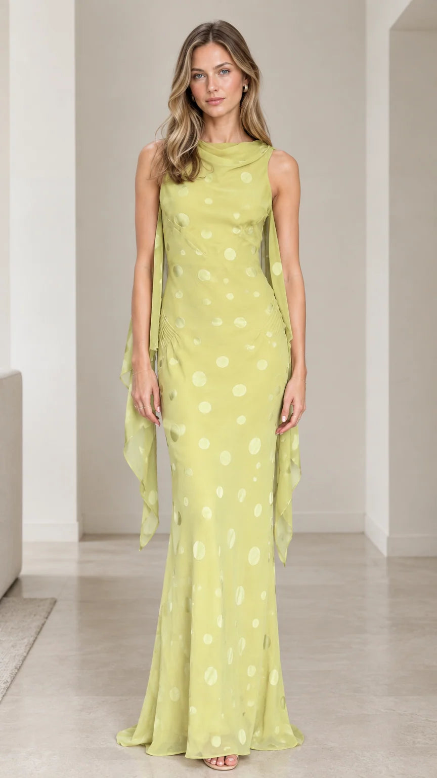 Chartreuse polka dot cowl neck sleeveless evening maxi dress front view