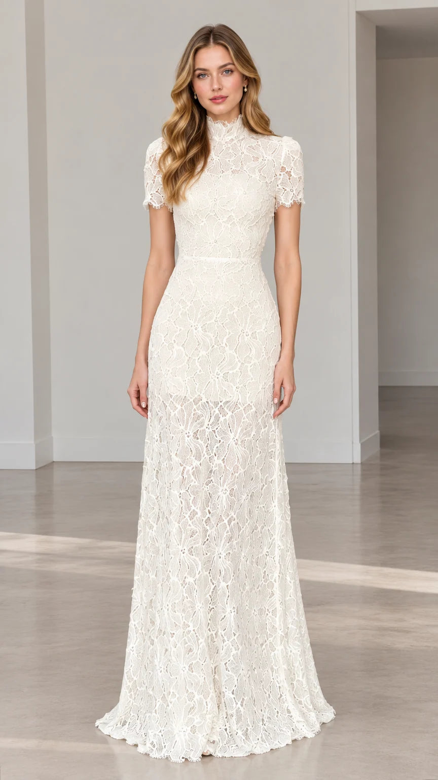 Front full-length view of model wearing ivory high-neck floral lace maxi dress