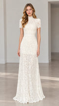 Front full-length view of model wearing ivory high-neck floral lace maxi dress