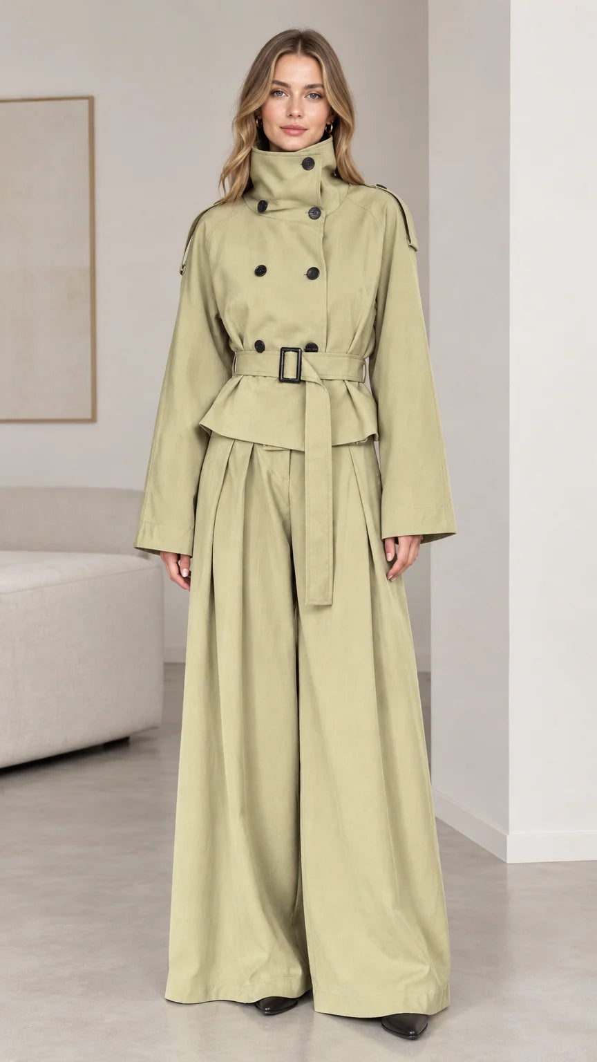 Front view of woman wearing sage green trench jacket and wide-leg pants set