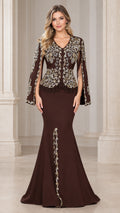 Front view of model wearing Chocolate Brown beaded cape sleeve mermaid evening gown