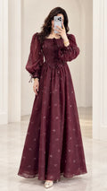 Front view of model wearing Wine Red square neck embroidered chiffon maxi dress