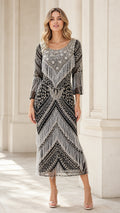 Front view of black and silver beaded fringe flapper midi dress with 3/4 sleeves