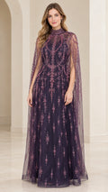 Front view of model wearing Deep Plum high-neck beaded evening gown with cape overlay