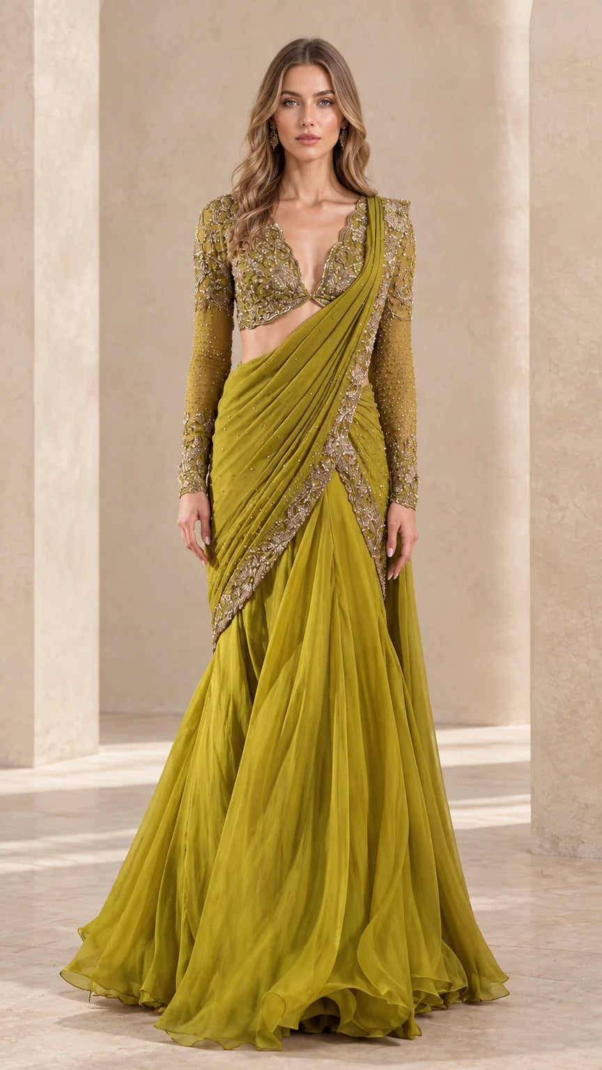 Front view of olive green pre-draped saree gown with long sleeve beaded bodice