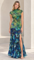 Front view of model wearing Green Blue mock neck butterfly print maxi dress with side slit