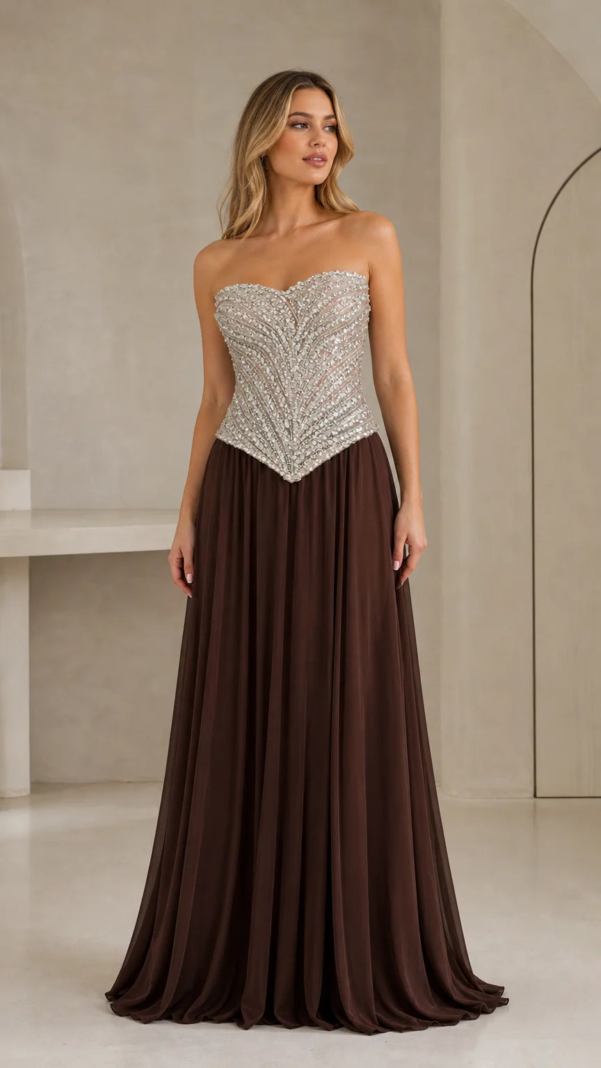 Front full-length view of strapless sequin basque bodice evening gown in chocolate brown