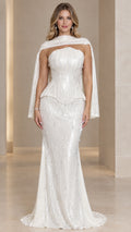 White strapless sequin mermaid evening gown with matching shoulder cape front view