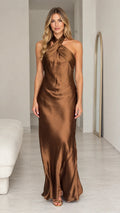 Chocolate brown cross halter satin maxi dress front view
