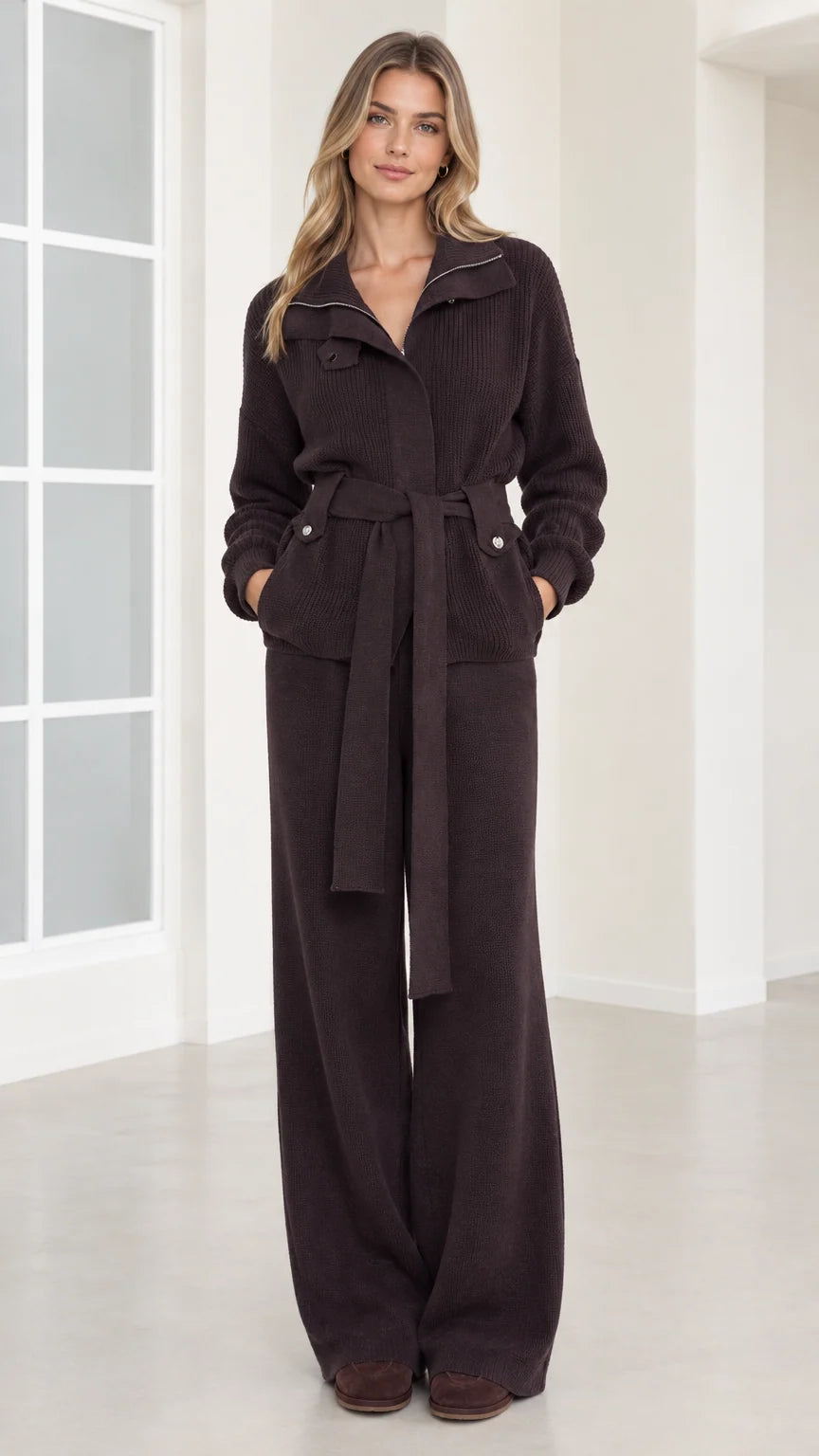 Front view of woman wearing dark brown ribbed knit belted jacket and wide-leg pants set