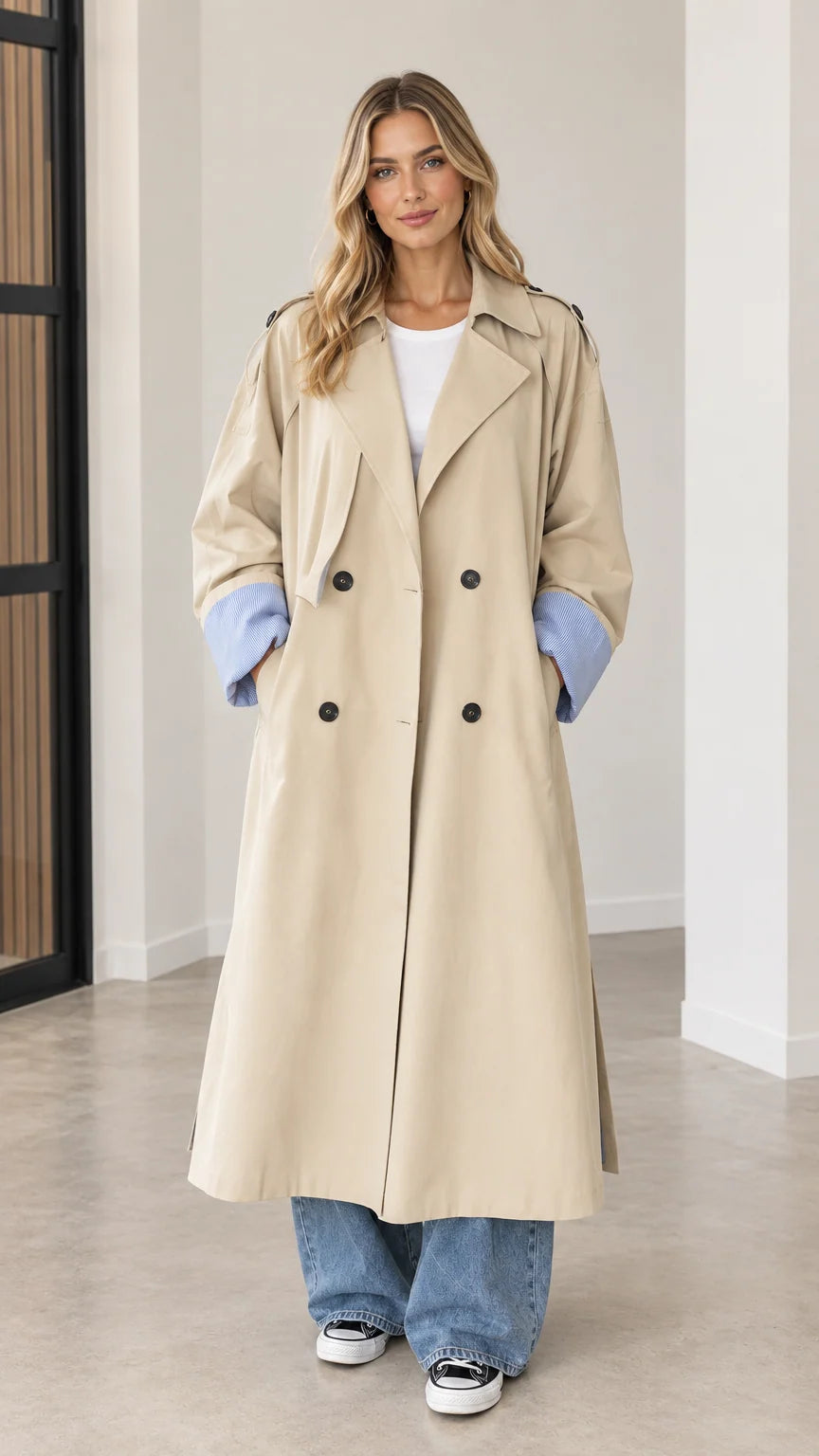 Front full-length view of woman wearing beige double-breasted maxi trench coat with blue contrast cuffs