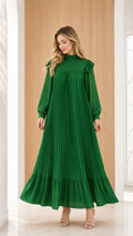 Emerald green mock neck pleated maxi dress with long sleeves and beaded trim - front view