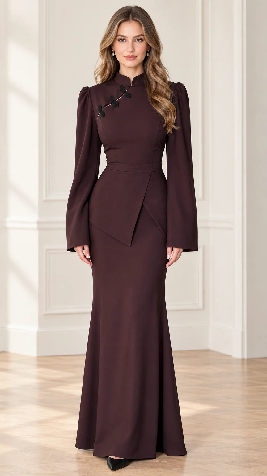 Front full view of woman wearing chocolate brown mandarin collar long sleeve maxi dress
