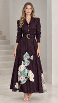 Full front view of model wearing Deep Plum floral jacquard long sleeve maxi shirt dress with belt