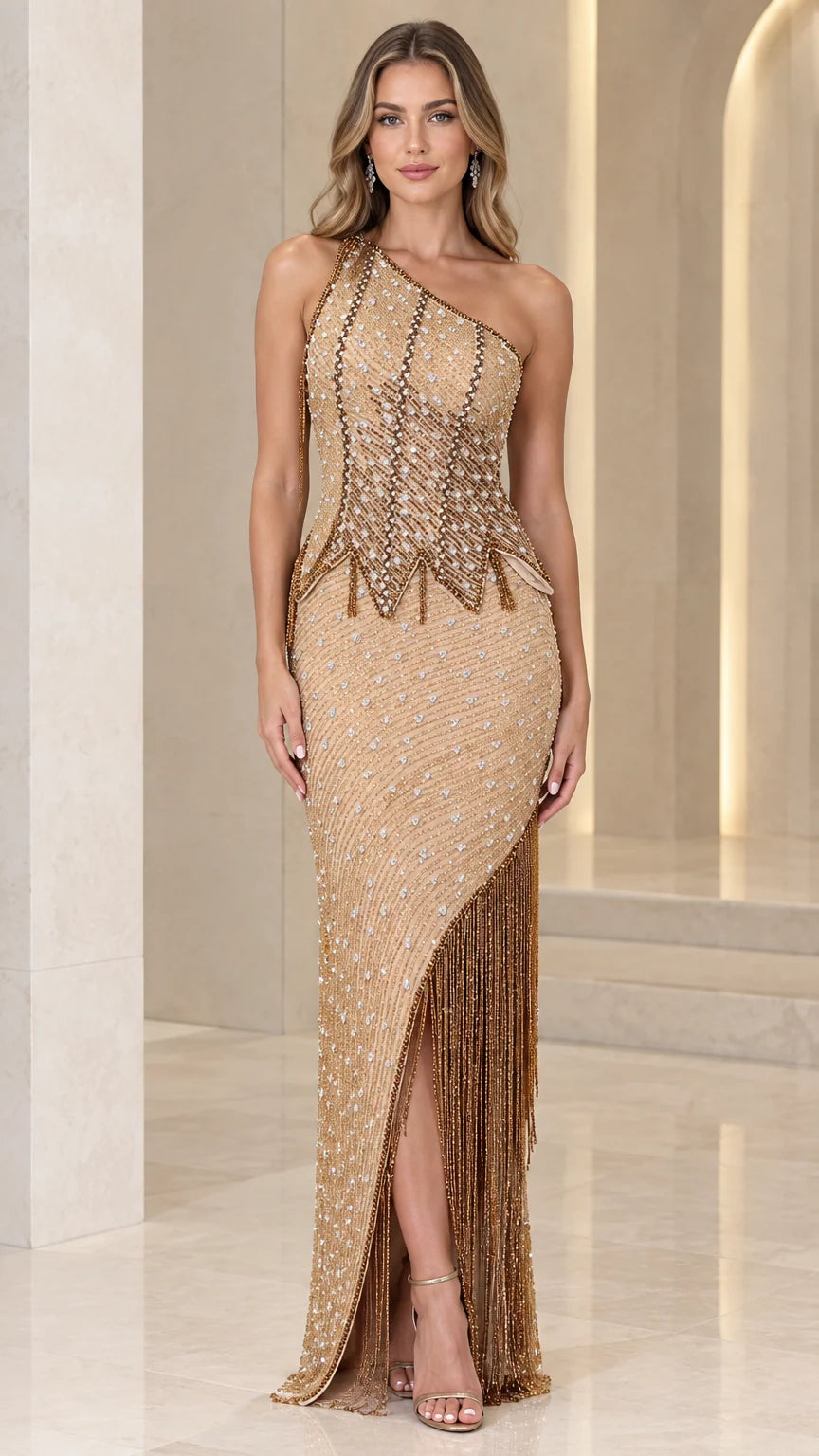 Front full view of Champagne Gold one-shoulder beaded evening gown with fringe slit