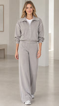 Full front view of model wearing Heather Grey two-piece zip-up tracksuit set with wide-leg pants