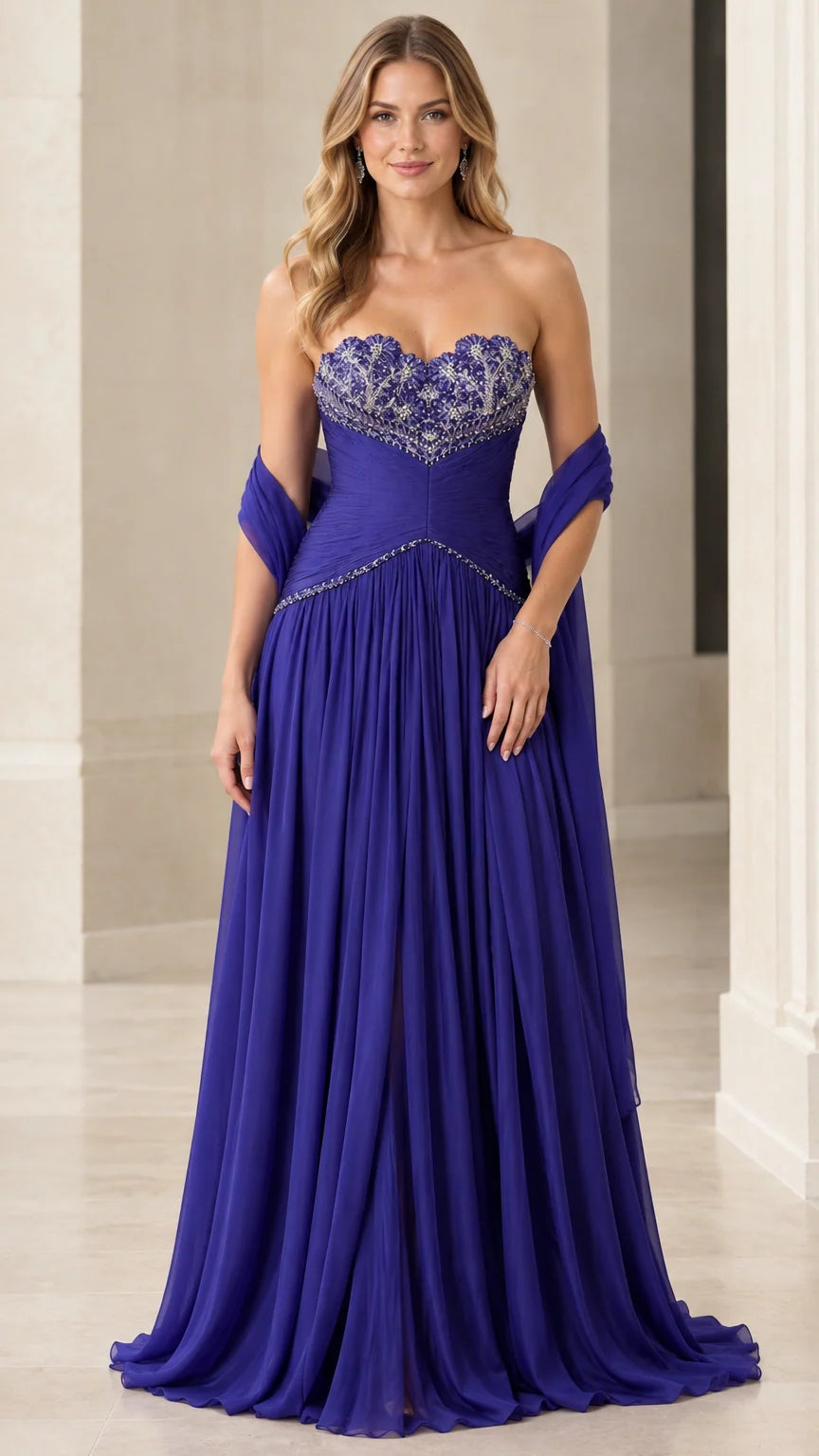 Royal blue strapless chiffon evening gown with beaded sweetheart bodice and matching shawl - front view