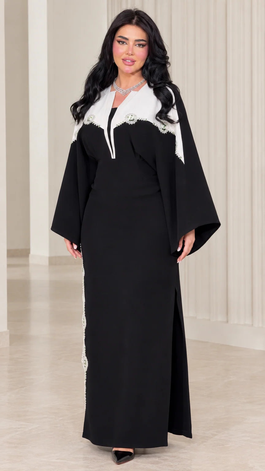 Black contrast embellished bell sleeve maxi dress front view