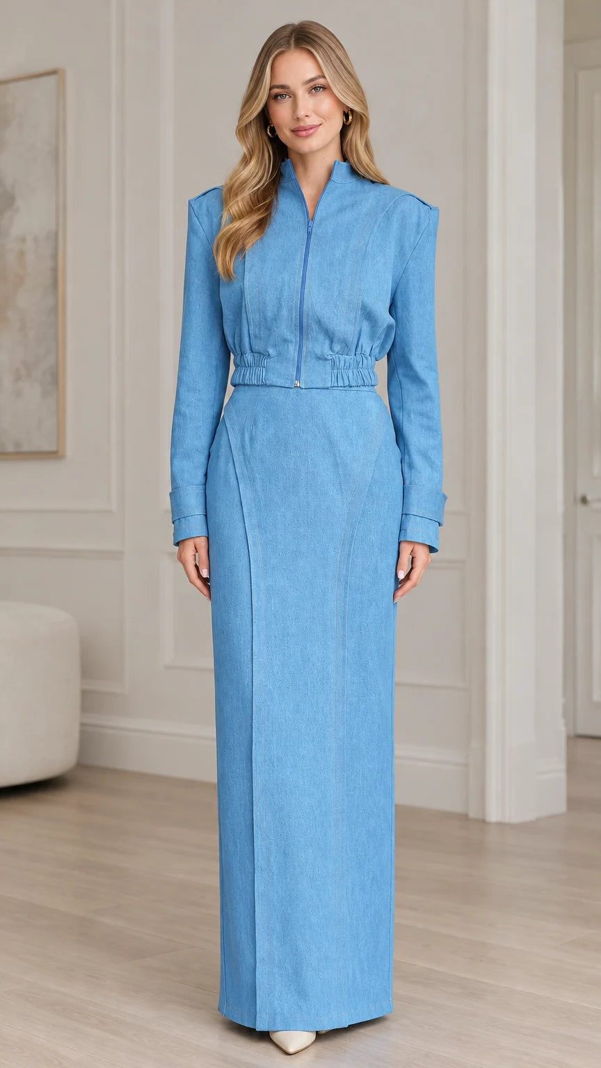Sky blue structured zip jacket and matching column maxi skirt set front view