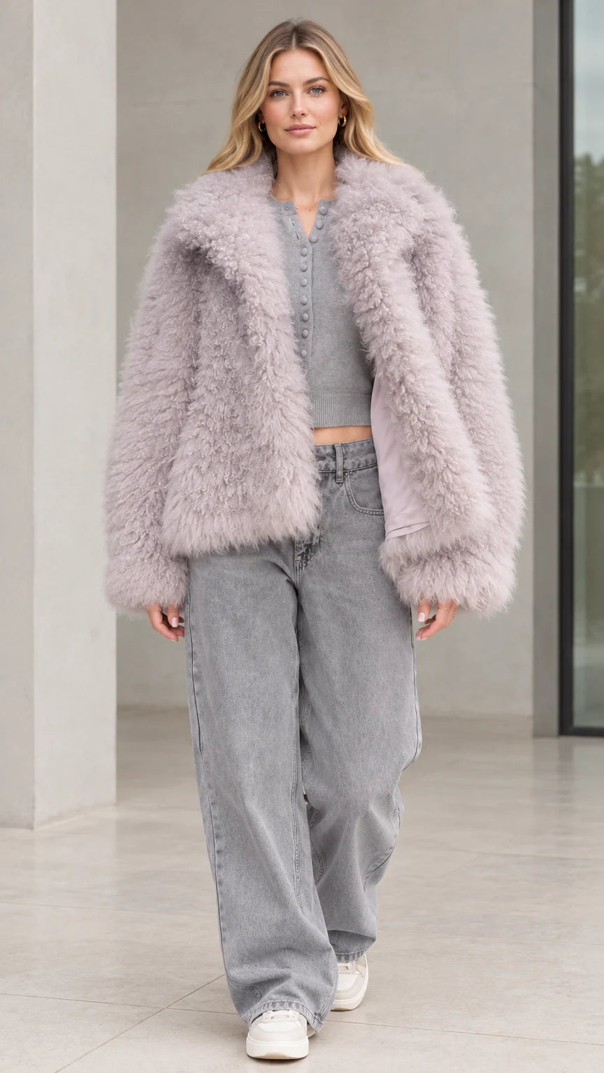 Front view of model wearing dusty lilac textured shaggy faux fur jacket with wide-leg jeans