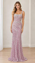 Front view of woman wearing Dusty Lilac square neck beaded sequin evening gown