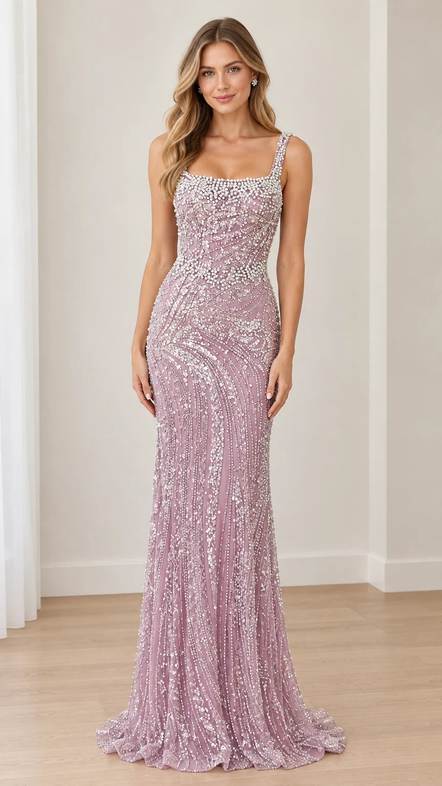Front view of woman wearing Dusty Lilac square neck beaded sequin evening gown