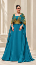 Teal blue floor-length chiffon evening dress with gold sequin capelet overlay front view