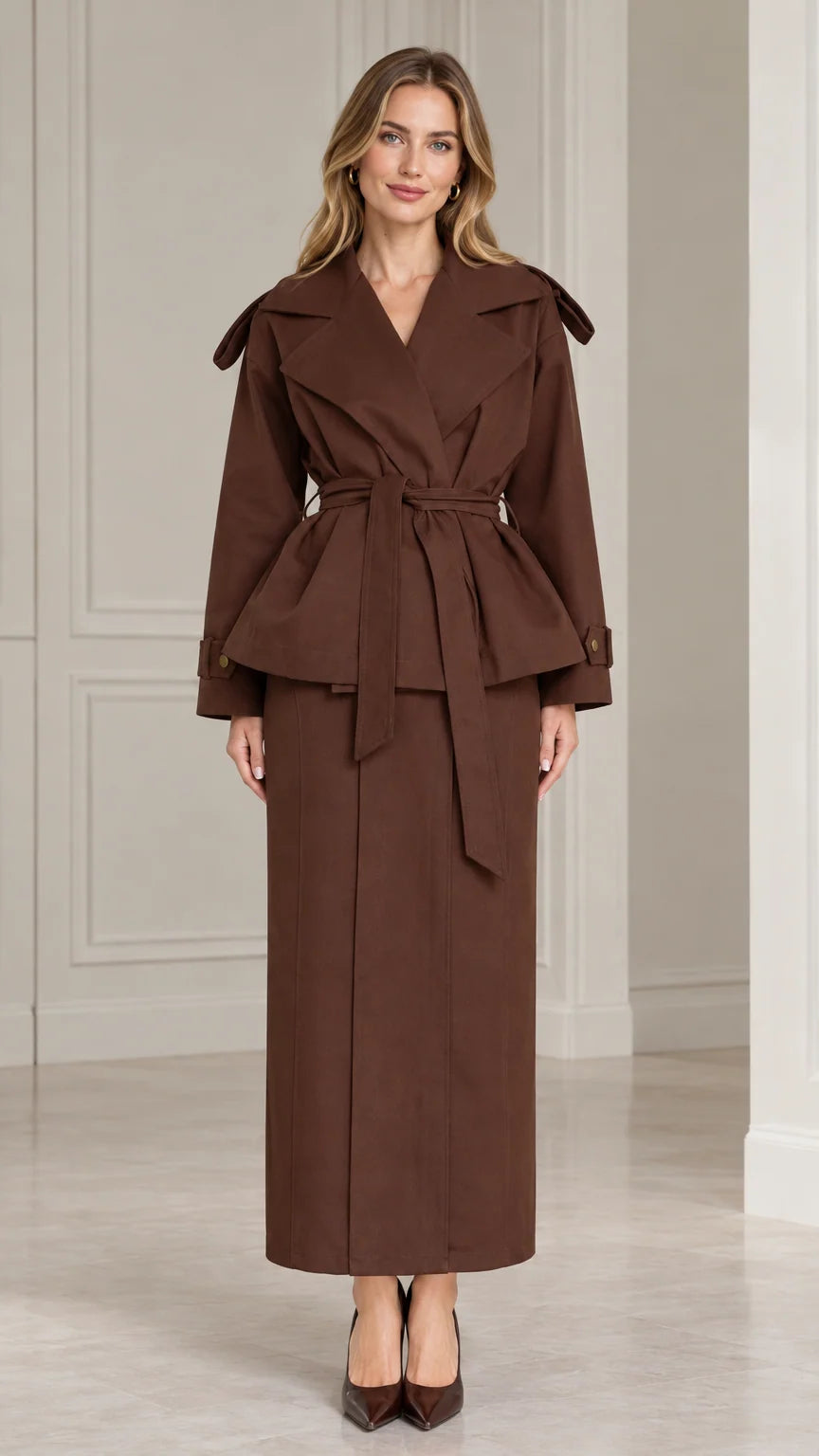 Front view of model wearing chocolate brown belted peplum jacket and maxi skirt set