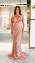 Front full view of dusty rose sequin corset mermaid evening gown