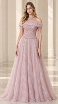 Dusty rose off-the-shoulder beaded corset evening gown with lace skirt front view