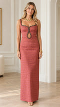 Front view of model wearing Rose Pink braided trim cutout column maxi dress