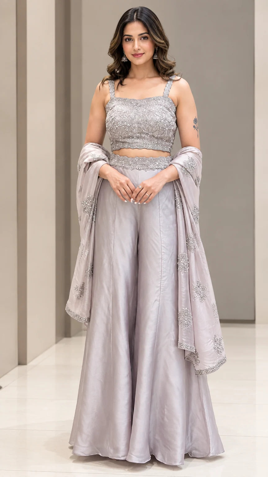 Front full-length view of woman wearing Silver Grey embroidered crop top and palazzo pant set with dupatta