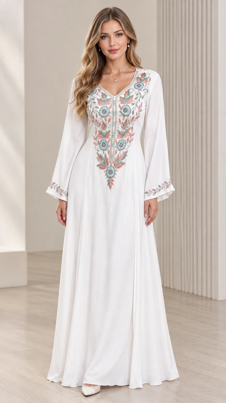 White embroidered V-neck bell sleeve maxi dress front view